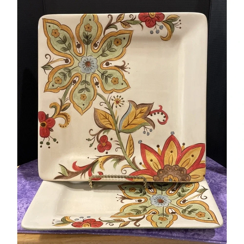 Pier 1 Imports Carynthum Floral Square Dinner Plates Plate‎ 10.5 Inch Set of 2